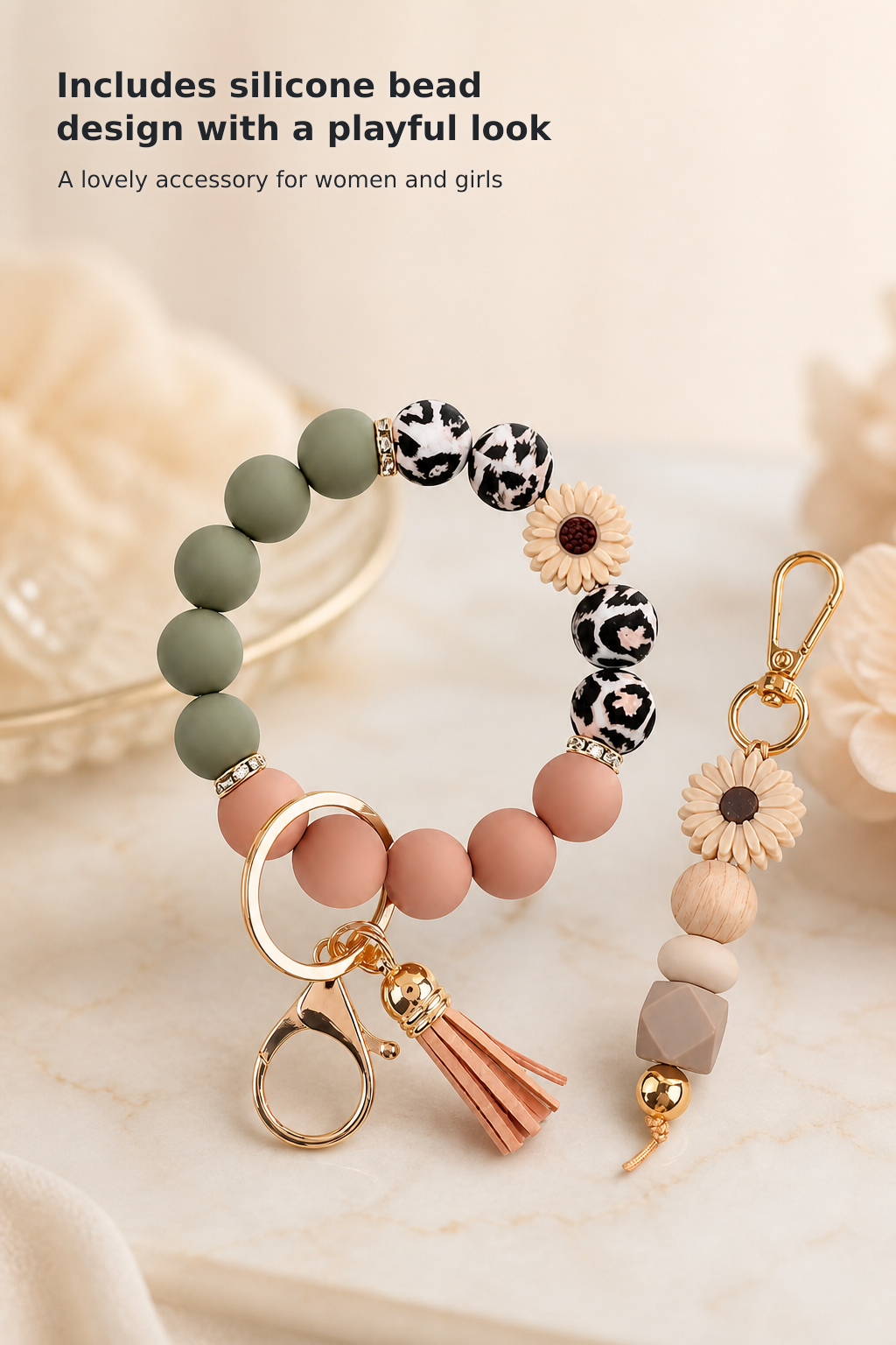 2-Piece Silicone Beaded Wristlet Keychain Set