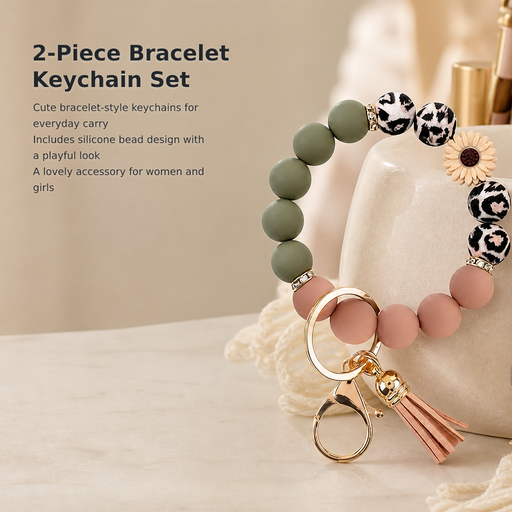 2-Piece Silicone Beaded Wristlet Keychain Set